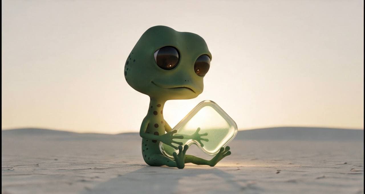 frons sitting in the desert, holding the pond